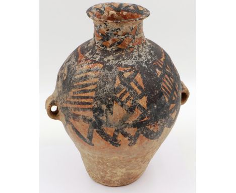 A Neolithic period terracotta vessel, with flared tubular neck and two loop handles; the upper body painted with geometric mo