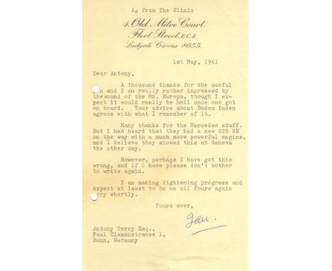 FLEMING IAN: (1908-1964) British Author, creator of James Bond. T.L.S., Ian, one page, 8vo, 'as from The Clinic', although on