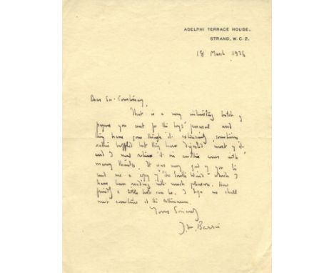 BARRIE J. M.: (1860-1937) Scottish Novelist, created Peter Pan. A.L.S., J. M. Barrie, one page, 8vo, Adelphi Terrace House, S