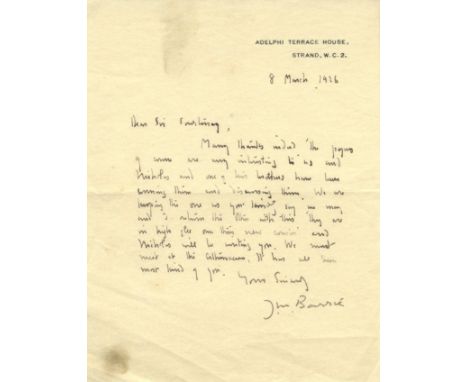 BARRIE J. M.: (1860-1937) Scottish Novelist, created Peter Pan. A.L.S., J. M. Barrie, one page, 8vo, Adelphi Terrace House, S