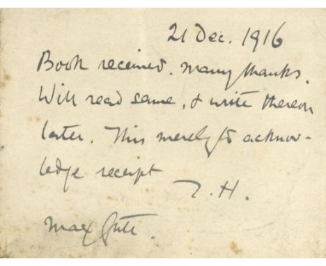 HARDY THOMAS: (1840-1928) English Novelist. A.L.S., with his initials T. H., on one side of a correspondence card, Max Gate, 