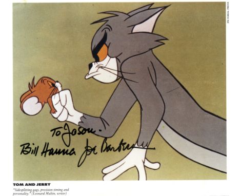 HANNA BARBERA: Signed colour 8.5 x 7.5 magazine photograph by both Bill Hanna (who adds an inscription in his hand) and Joe B