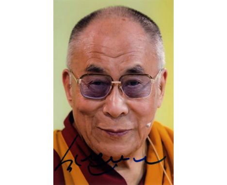DALAI LAMA: (1935- ) Tibetan Spiritual Leader, Nobel Peace Prize winner, 1989. Signed colour 4 x 6 photograph, a close-up hea