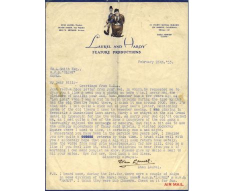 LAUREL STAN: (1890-1965) English Film Comedian. T.L.S., Stan Laurel, one page, 4to, California, 26th February 1953, to Willia
