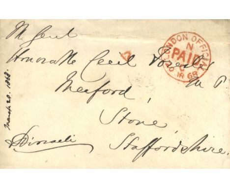 DISRAELI BENJAMIN: (1804-1881) British Prime Minister 1868, 1874-80. Autograph envelope signed, addressed in Disraeli's hand 