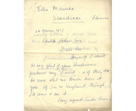 LAWRENCE D.H.: (1885-1930) English Author. A.L.S., D. H. Lawrence, two pages, 4to, Scandicci, Florence, 24th November 1927, t