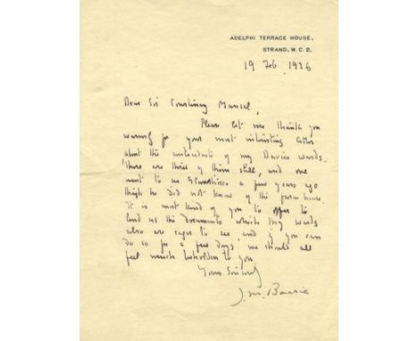 BARRIE J. M.: (1860-1937) Scottish Novelist, created Peter Pan. A.L.S., J. M. Barrie, one page, 8vo, Adelphi Terrace House, S