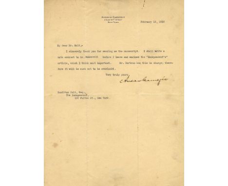 CARNEGIE ANDREW: (1835-1919) Scottish American Industrialist. T.L.S., Andrew Carnegie, one page, 4to, New York, 12th February