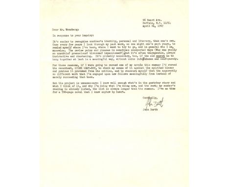 BARTH JOHN: (1930- ) American Writer. T.L.S., John Barth, one page, 4to, Buffalo, New York, 24th April 1967, to Mr. Wensberg.