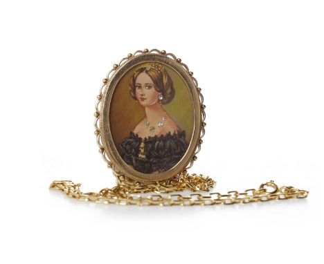 LATE TWENTIETH CENTURY PENDANT ON CHAINthe pendant of oval form with a gem set portrait of a female angled right, within an o