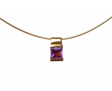 AMETHYST PENDANTset with a square step cut amethyst 8mm wide, foreign marks, on a snakelink chain marked 750 to the clasp, 7.
