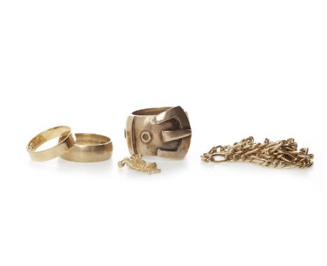 GENTLEMAN'S BELT MOTIF RINGmarked 9ct, size R, 17.8g; along with a nine carat gold wedding band, size P, 4.4g; a figaro chain