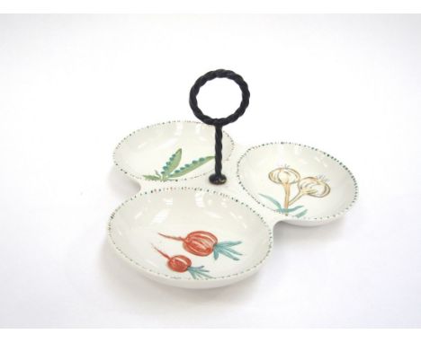 A Midwinter Pottery Hors D'oeuvers dish with hand painted Radish, Onion and Pea Pod detail.  23cm x 12cm high 