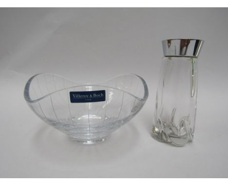 A Daum clear glass sugar sifter with chrome top, etched signature to base, 15cm high plus a Villeroy and Boch cut glass bowl,