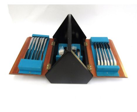 A Butler 'Sheerline' Staybrite canteen of cutlery c1960's, set in a fitted part ebonised case. 22cm high x 29.5cm x 22cm 