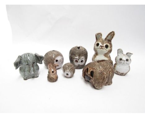 Briglin Pottery - Eight pottery animal money boxes/figures including rabbits, owl, elephant and hedgehogs etc. Tallest 16.5cm