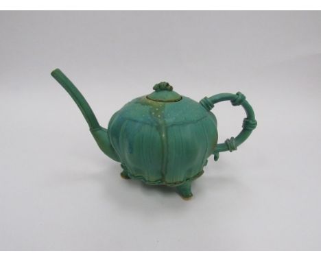 A studio pottery teapot, hand built with a green and blue glaze. No makers mark. 13cm high 