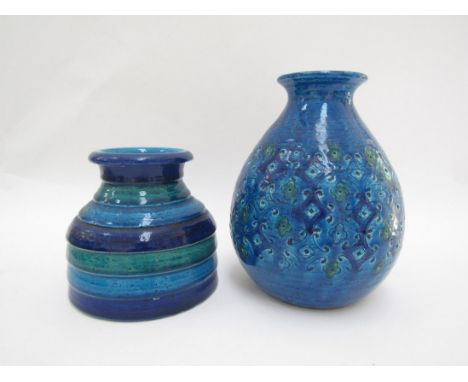 A Bitossi Spanish patterned vase in Rimini Blu glaze, impresseed motifs plus a banded vase in blues and green glazes. Tallest