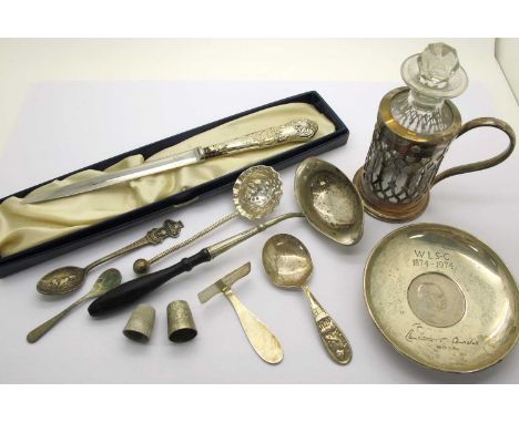 Winston Churchill Hallmarked Silver Commemorative Dish, "WLS-C 1874-1974"; thimbles, hallmarked silver baby's pusher and spoo