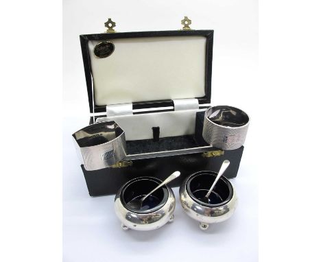 A Pair of Hallmarked Silver Salts, of plain design with blue glass liners together with a pair of hallmarked silver salt spoo