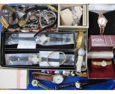 A Collection of Ladies Wrist Watches, to include gilt tone Rotary Quartz (boxed), Regency 17 Jewels, duo tone straps, diamant