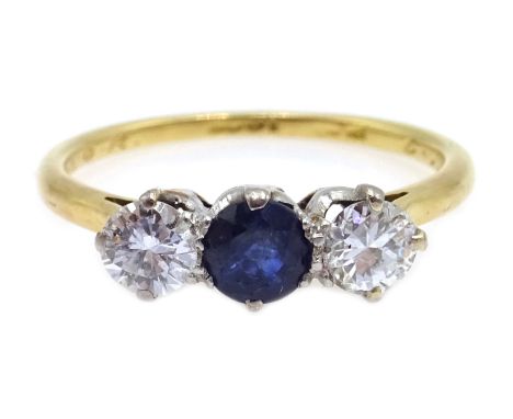 18ct gold (tested) three stone sapphire and diamond ring Condition Report & Further Details Approx 2.5gm, size M-NClick here 