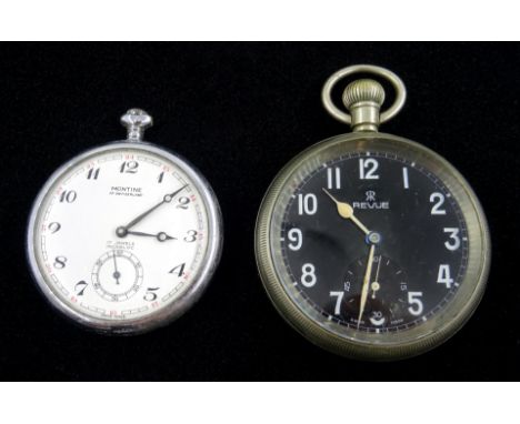 Swiss Montine chrome plated railway pocket watch inscribed on back case B R (M) 750 and one other by Revue (2) Condition Repo