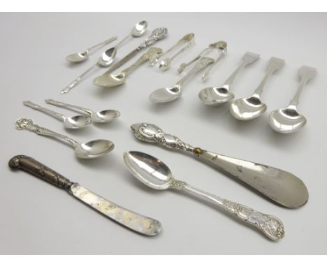 Five Apostle silver tea spoons and tongs Sheffield 1919, 3 early 19th Century silver fiddle pattern dessert spoons, various o