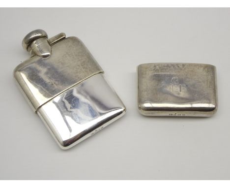 Small silver hip flask with screw off cover engraved with initials 11cm x 7cm Birmingham 1939 Maker A & J Zimmerman 5.4oz  Co