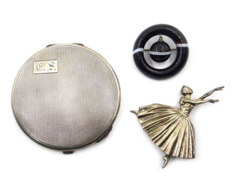 Silver engine turned compact by Barker Brothers Silver Ltd, Birmingham 1938, silver ballerina brooch by D H Phillips Ltd, Bir