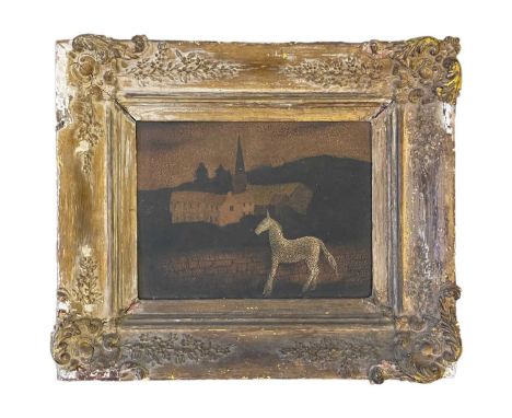 Frederick ROBERTS JOHNSON (1900-1986) Horse with Distant Town  Oil and varnish on board, 25cm x 32cm, 44cm x 47.5cm including