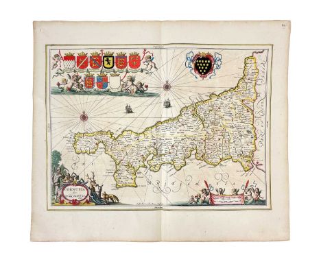 (Cornwall) Jan Jansson (1588-1664) Cornubia sive Cornwallia Fine hand coloured copper engraved map, German text to verso, cen