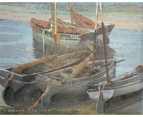 Frederick ROBERTS JOHNSON (1900-1986) Cornish Fishing Boats at Rest  MIxed media on card, signed, image size 26cm x 33cm.Fred
