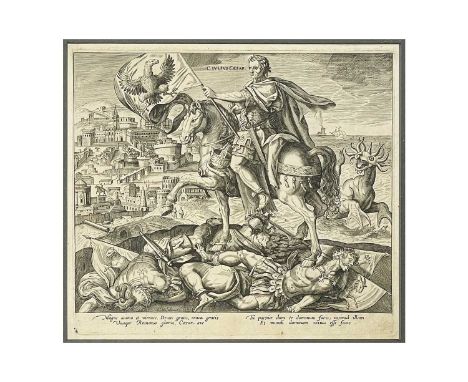 Adriaen Collaert (1560-1618) Julius Caesar as the fourth king from the vision of Daniel  Etching, very strong impression, mou
