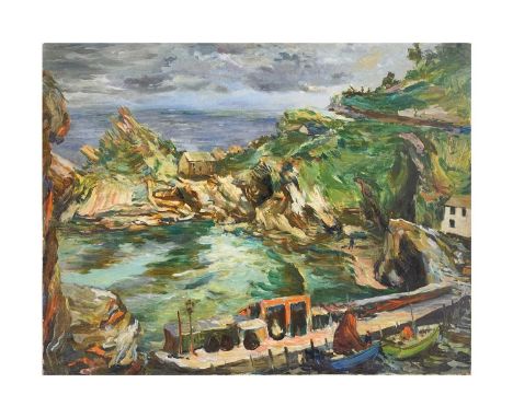 Frederick ROBERTS JOHNSON (1900-1986) Looking Toward The Net Loft, Polperro  Oil on board, 58.5cm x 75cm.Frederick Roberts Jo