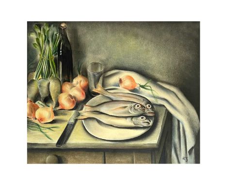 Frederick ROBERTS JOHNSON (1900-1986) Stylized Fish II  Mixed media, signed with initials, 44cm x 56cm, 62cm x 73cm framed.Fr