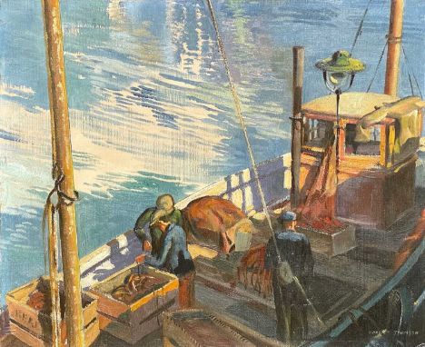 Frederick ROBERTS JOHNSON (1900-1986) Working Boat  Oil on board, signed, 32.5cm x 40cm.Frederick Roberts Johnson and Arthur 
