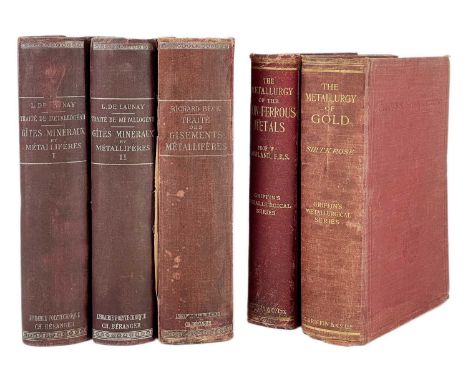 (Metallurgy) L. De Launay. 'gites Mineraux et Metalliferes,' two volumes, uniform red cloth with silver gilt lettering, rubbe
