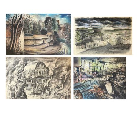 Frederick ROBERTS JOHNSON (1900-1986) Four Works  Mixed media, including a pastel and watercolour of an energetic harbour vie