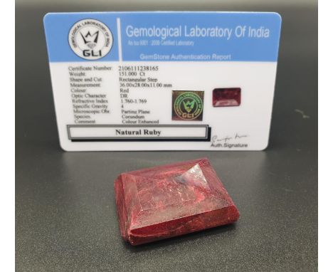 151Ct Natural ruby. Rectangular step. GLI certified 