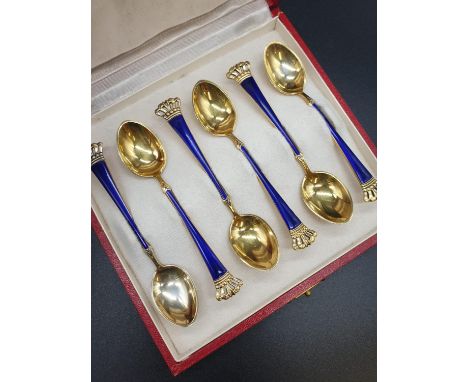 Ornate silver gilt &amp; enamel teaspoon set from the 1950's by Egon Lauridsen of Denmark. Each spoon 10cm. Total weight 62.6