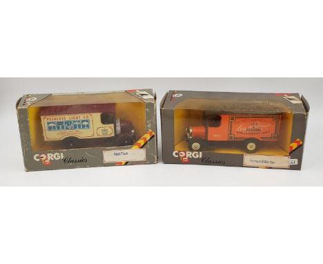 A pair of vintage Corgi Classic trucks: The Peerless light Company &amp; the Lea and Perrins sauce. Good condition with origi