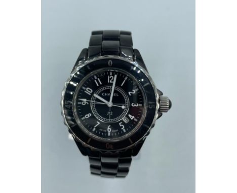 Chanel large ceramic quartz watch black face and strap 