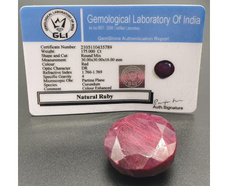 175ct round natural ruby, fully certified. 