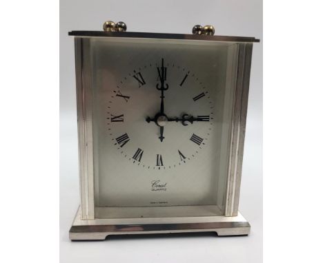 German made coral quartz carriage clock with silver-effect case and face (AF), 10x11cm 