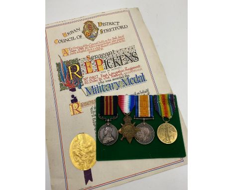 WW1 Casualty Military Medal Group. Awarded to Pte Pickenings/Pickens of the East Lancashire Regiment. The MM has the misspell