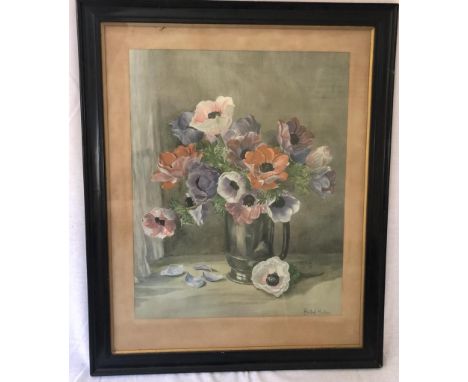 An original signed Winifred Walker watercolour painting- flowers in a metallic vase , original wood frame , 57x70cm 