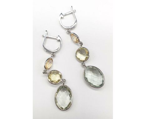 Citrine and Green Amethyst Earrings in Sterling Silver. Weight 5.58 grams. 