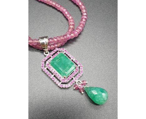 Two Row Ruby necklace with Emerald Pendant with emerald Drop in sterling silver. Emerald weight in pendant is 10cts , Gross w