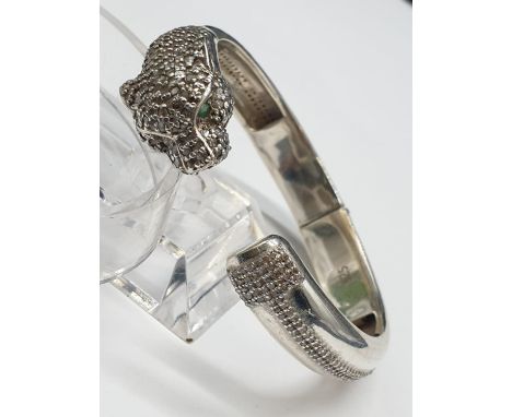 Panther shaped bangle inset with Emeralds &amp; Rose cut diamonds. 925 silver 